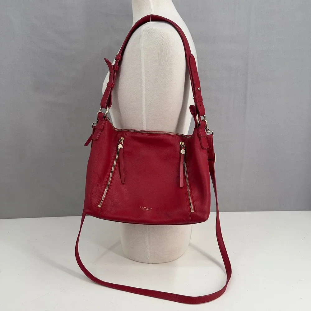 Radley London Womens Crossbody Shoulder Bag Red Pebbled Leather Zip Details